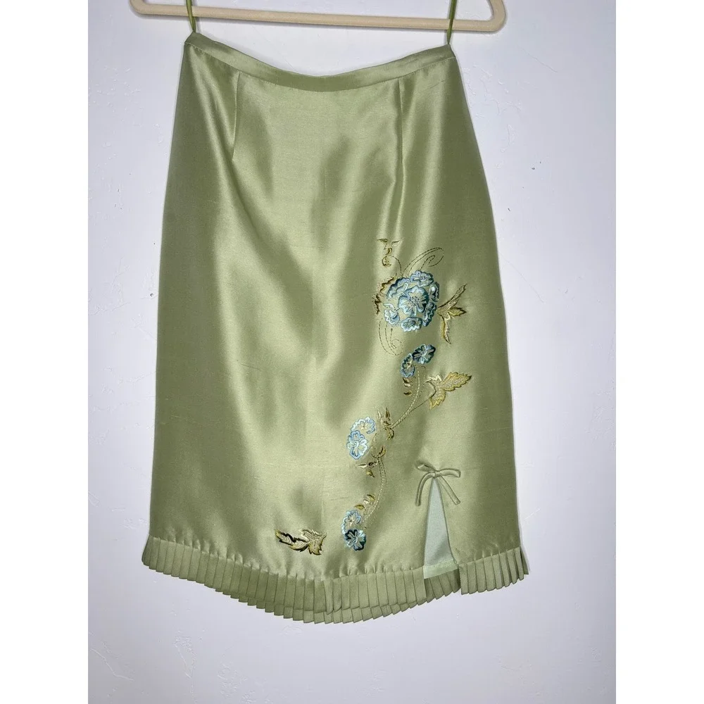 Vintage 90's David Warren Silk Pencil Skirt Floral Embroidery Pleated Trim SZ 6